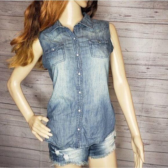 Arizona Jean Co. Sleeveless Denim Shirt Vest Women inclusive snap buttons Sz Sm - Picture 7 of 12